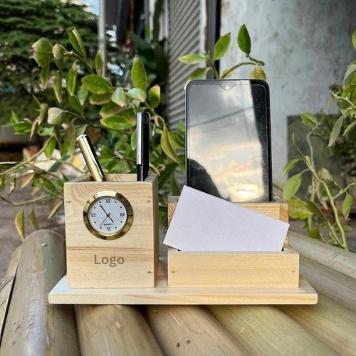 Sustainable Elegant Wooden Pen Stand with Clock Desk